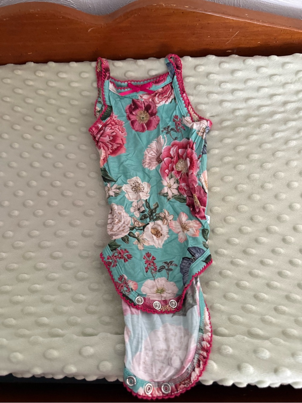 Posh Peanut Aqua Floral One-Piece Bodysuit with Pink Trim